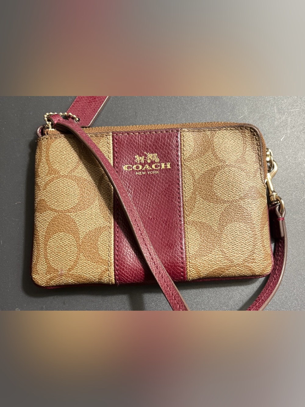 Coach Tan & Burgundy Signature Logo Leather Wristlet